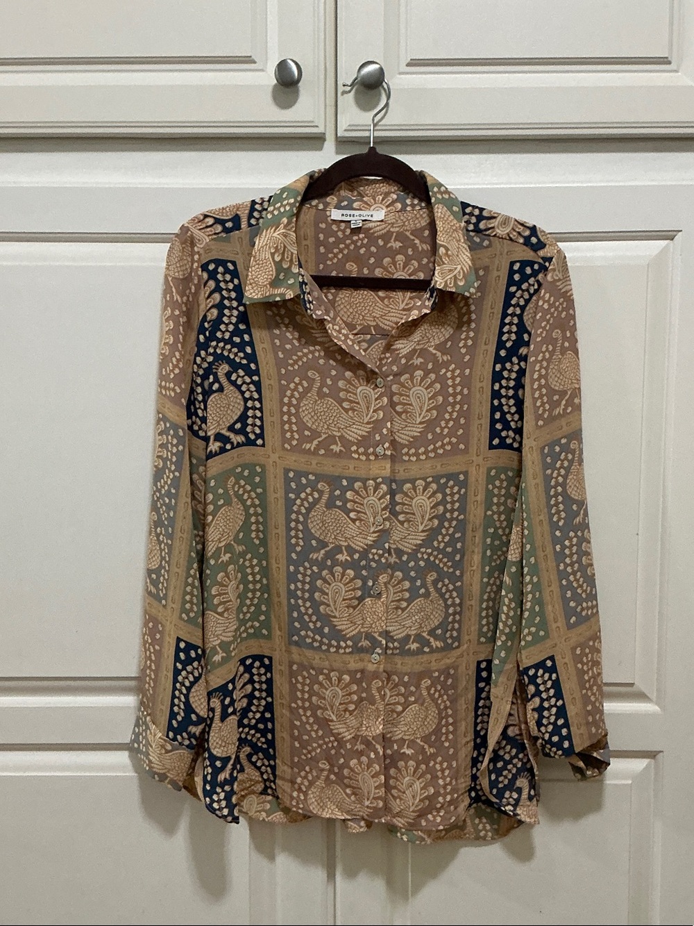 Rose & Olive Beige, Green and Navy Patchwork Button-Down Shirt w/ Peacock print